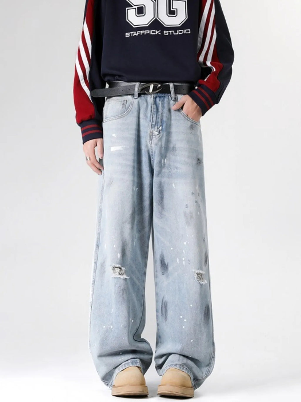 Men's Full Size Distressed Wide Leg Jeans Plus Size