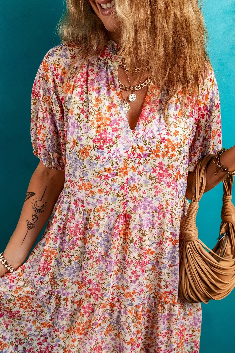 Floral Puff Sleeve Notched Tiered Mini Dress