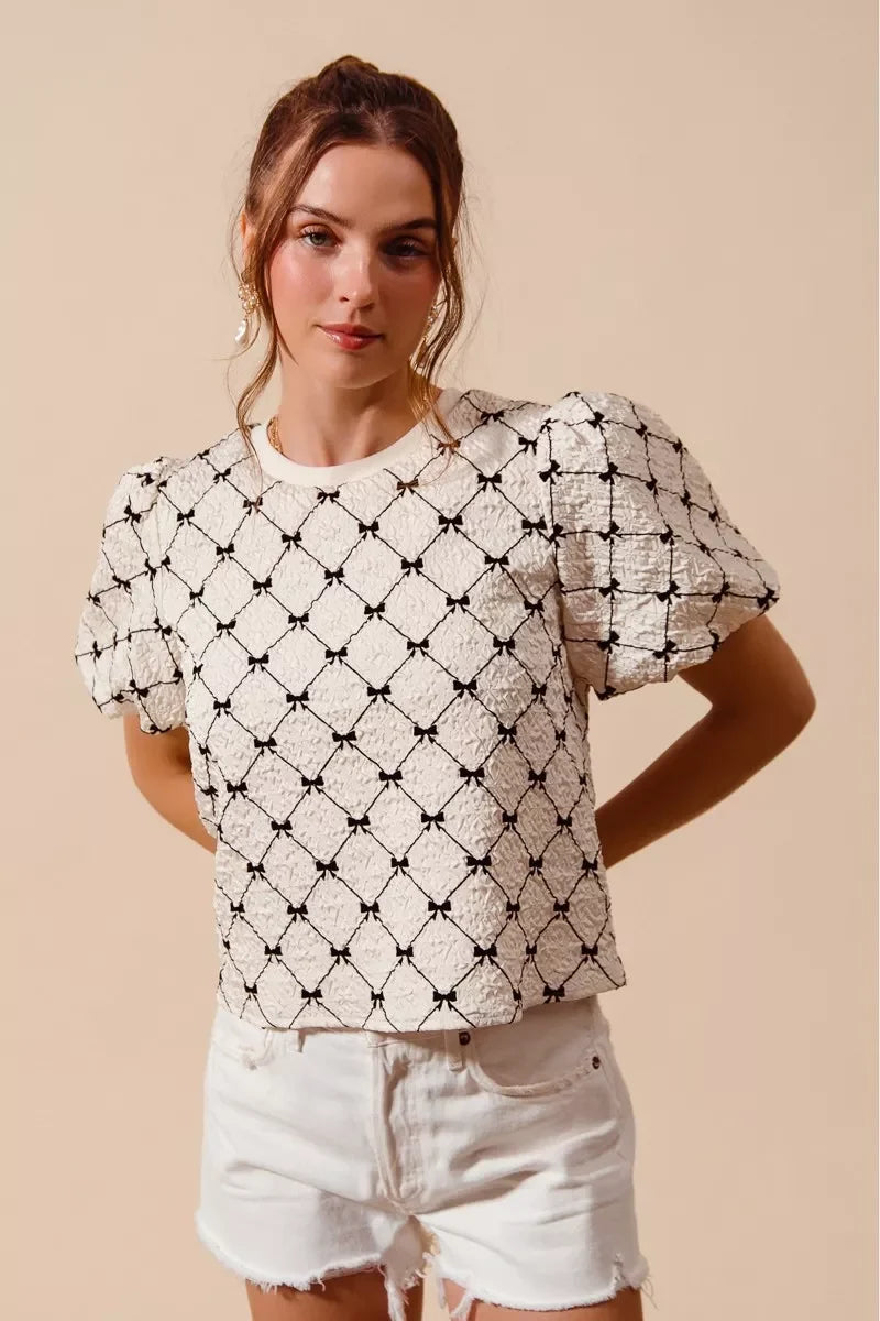SO ME Bow Texture Woven Bubble Sleeve Top
