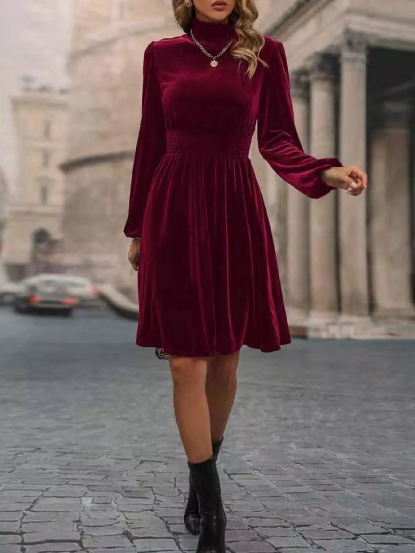 Velvet High Neck Long Sleeve A-Line Dress