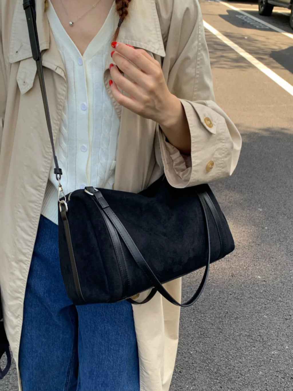 Suede Crossbody Bag with Zipper