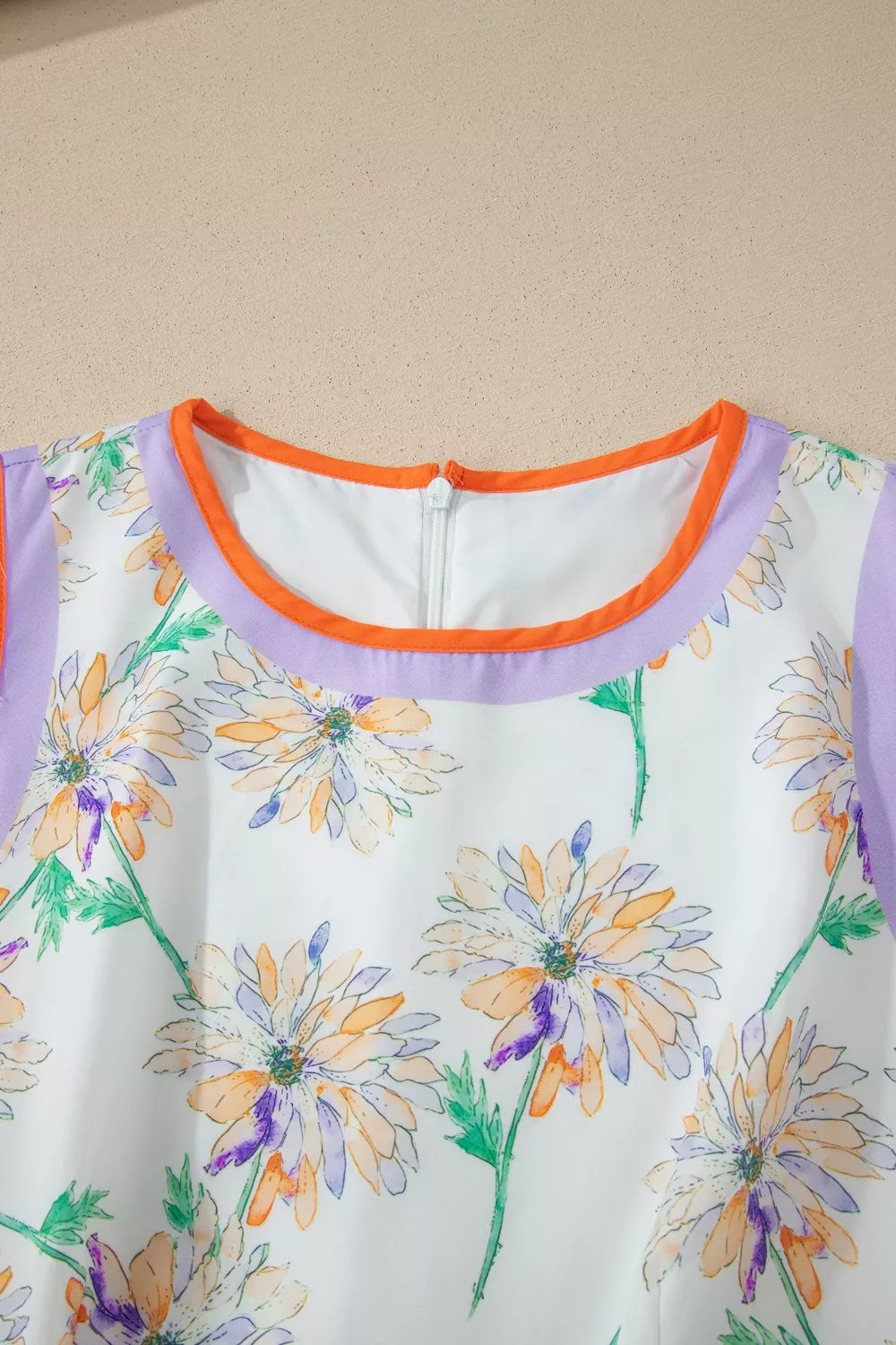 Floral Print Color Block Trim Belted Sleeveless Dress