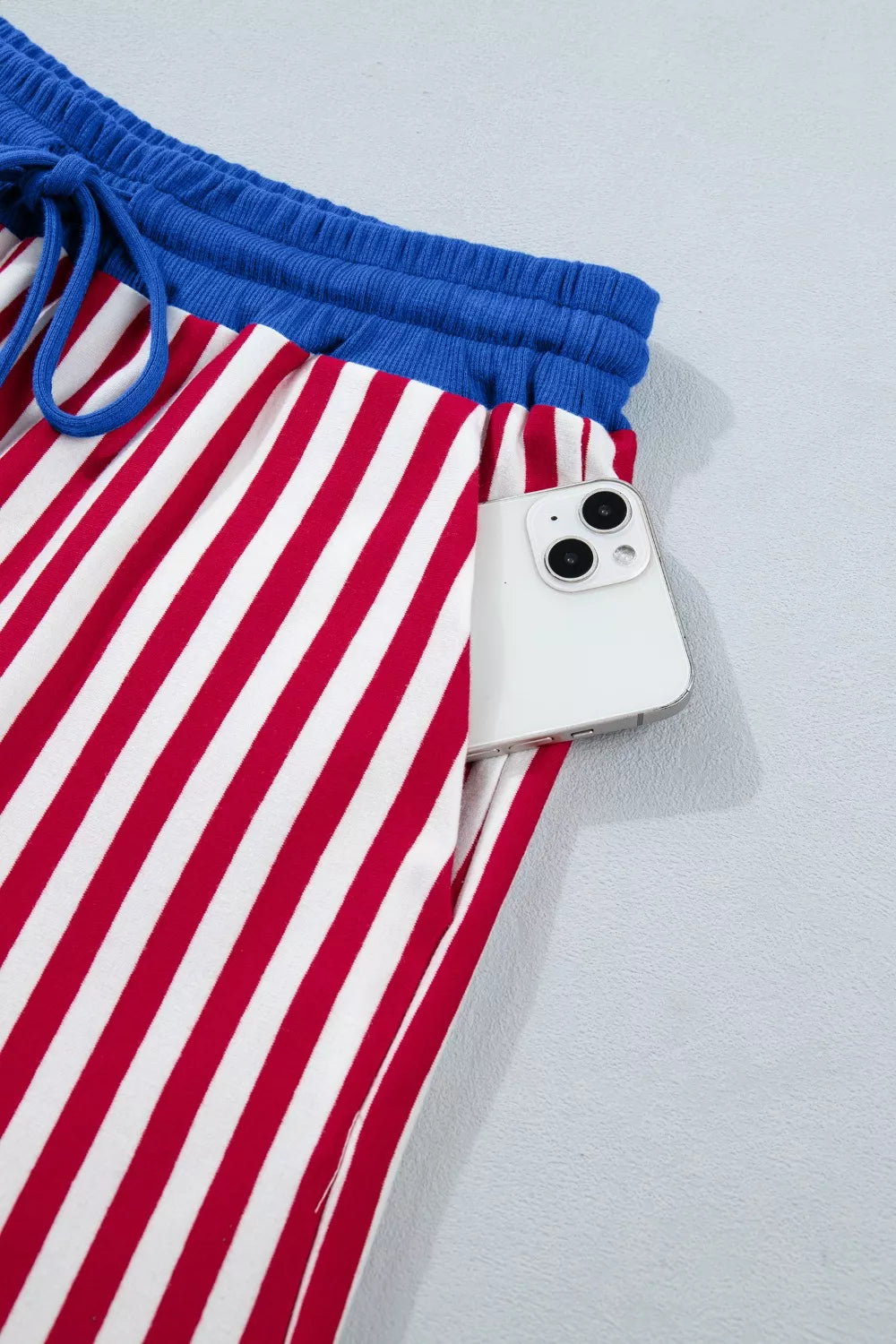 Stripe Colorblock Trim V Neck Tee Drawstring Elastic Waist Shorts Set