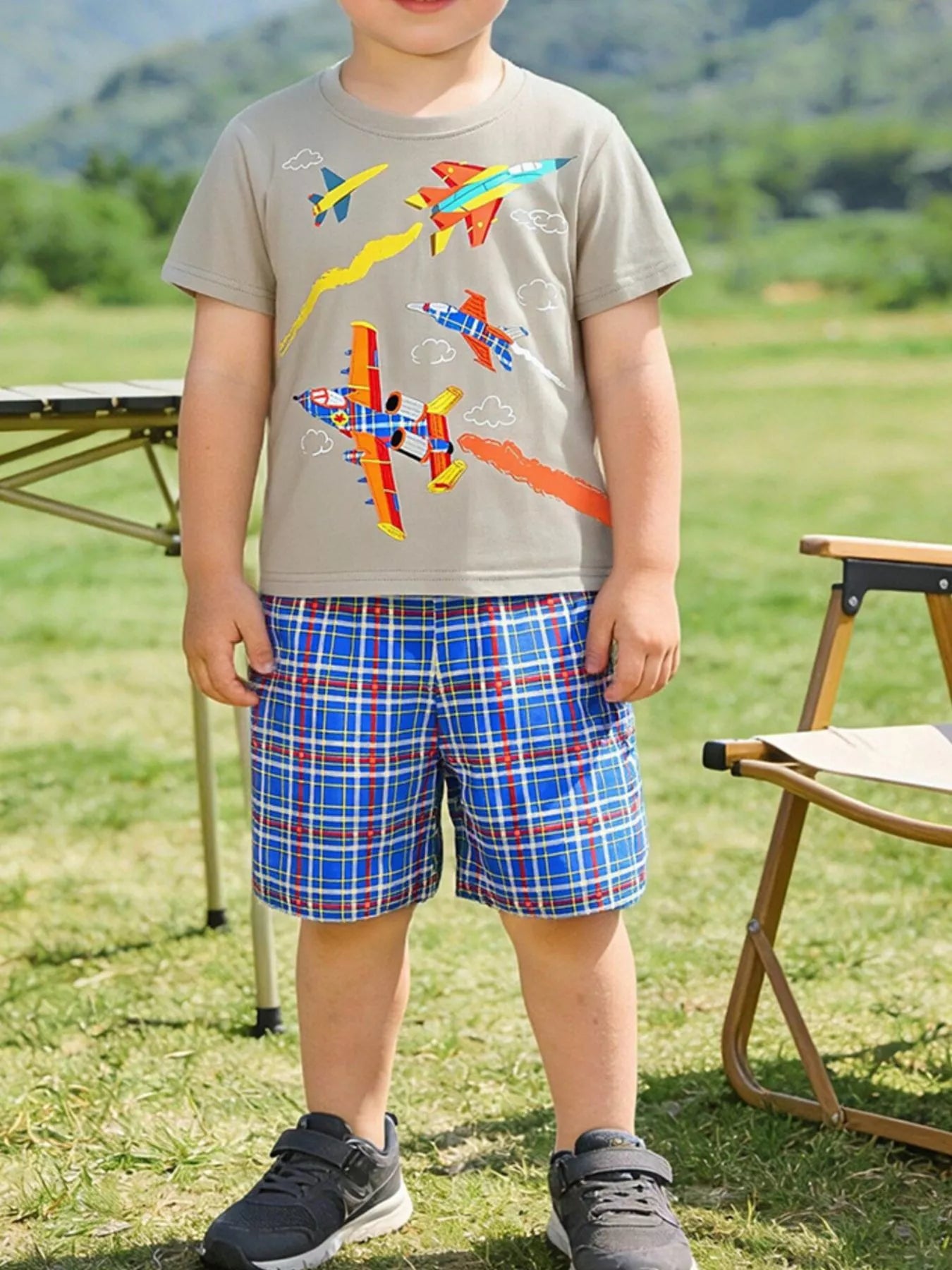 Children's Airplane Graphic Tee & Plaid Shorts Set