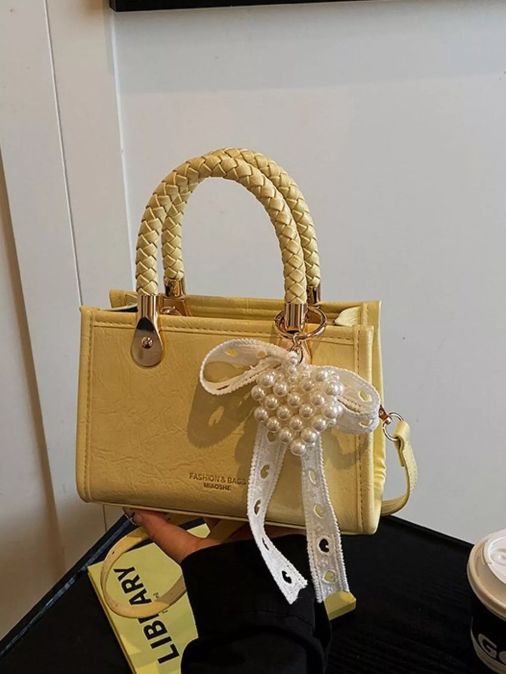 Braided Handle Pearl Decor Crossbody Bag