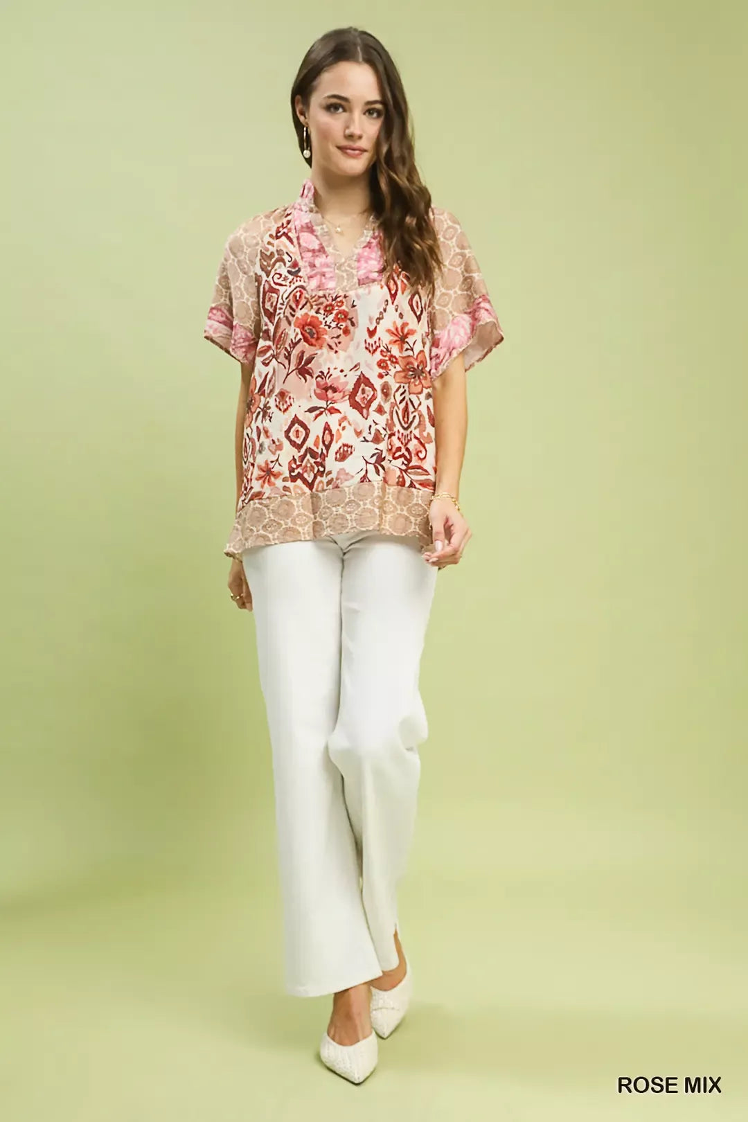 Umgee Mixed Print V-Neck Short Sleeve Top