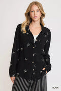 Umgee Linen Blend Fitted Shirt with Ribbon Embroidery Details