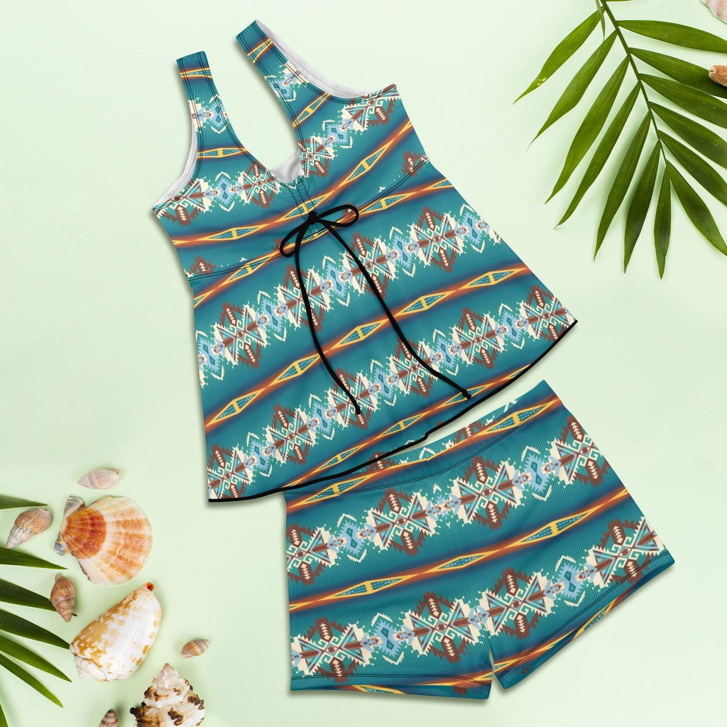 Baha Ranch Teal Aztec Tankini & Boy Shorts Swim Set