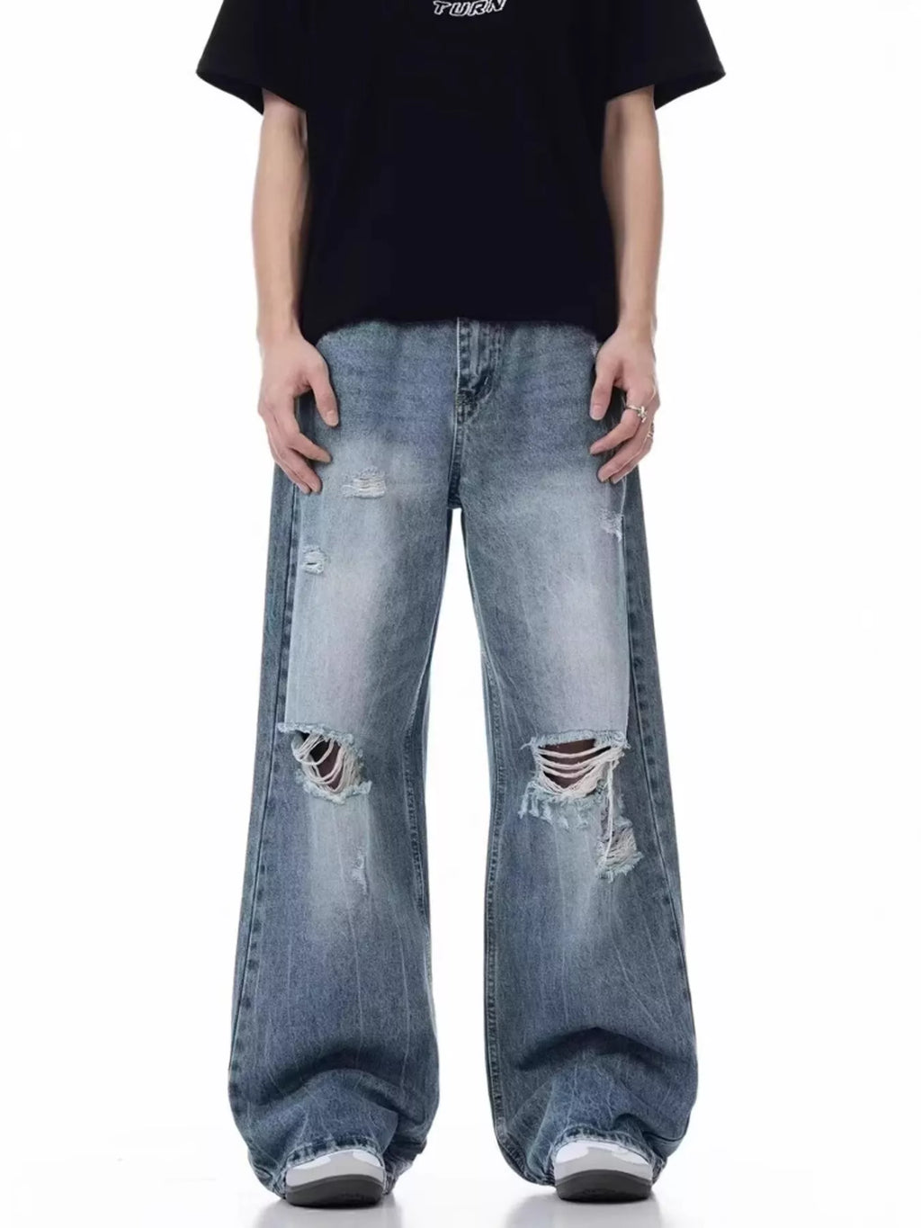Men's Full Size Distressed Wide Leg Jeans Plus Size