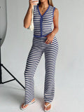 Striped Knit V-Neck Button-Up Sleeveless Top and Flare Pants Set