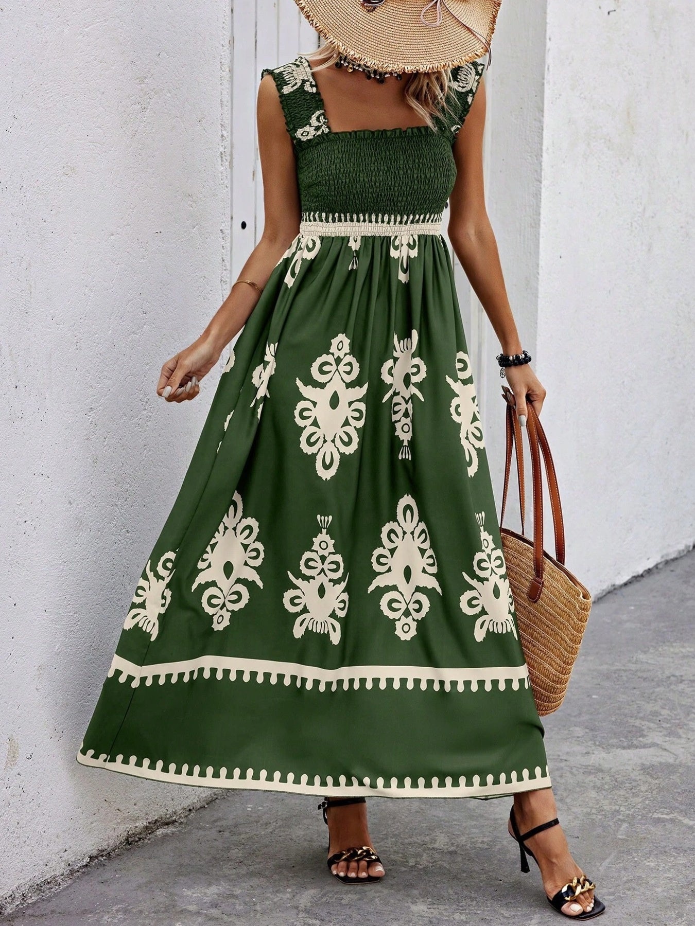 Smocked Bodice Colorful Print Tank Dress
