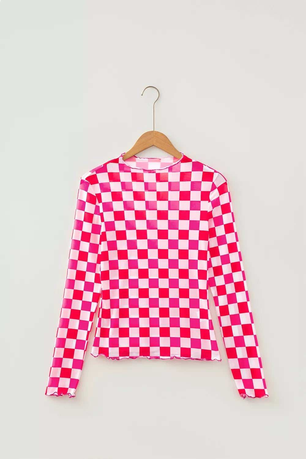 Plaid Heart Mesh Sheer Long Sleeve High Neck Top