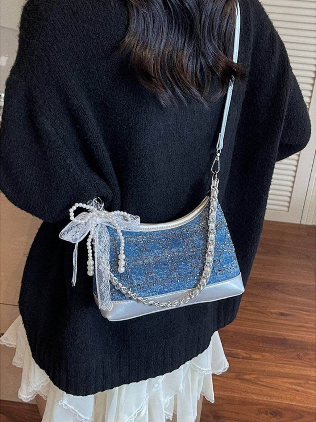 Tweed Pearl Decor Crossbody Bag