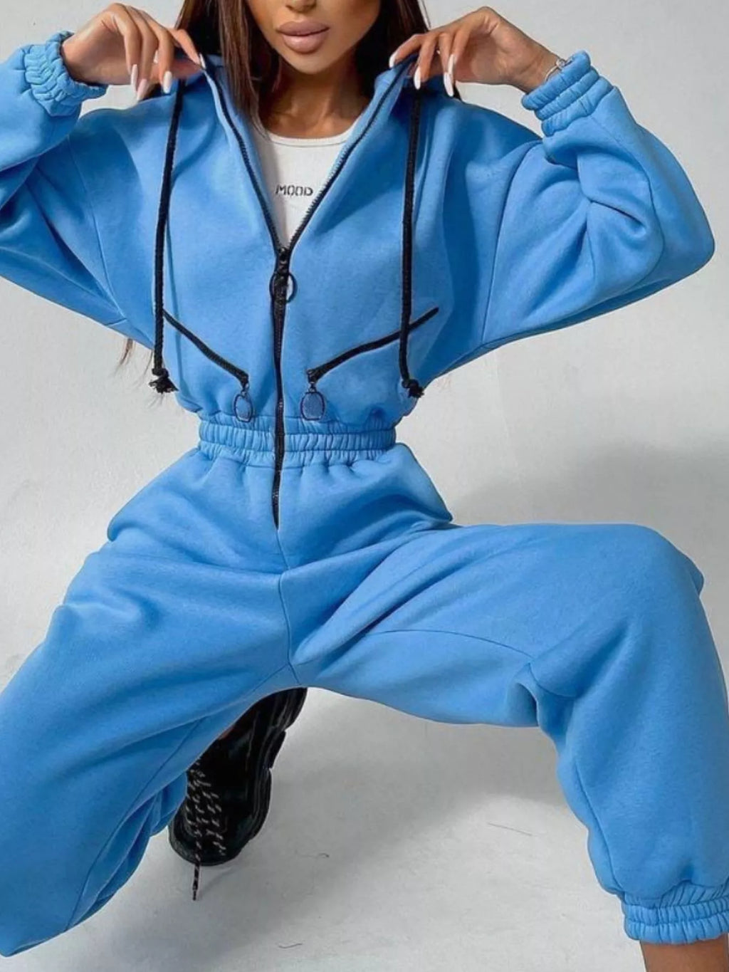 Hooded Zip-Up Long Sleeve Jumpsuit