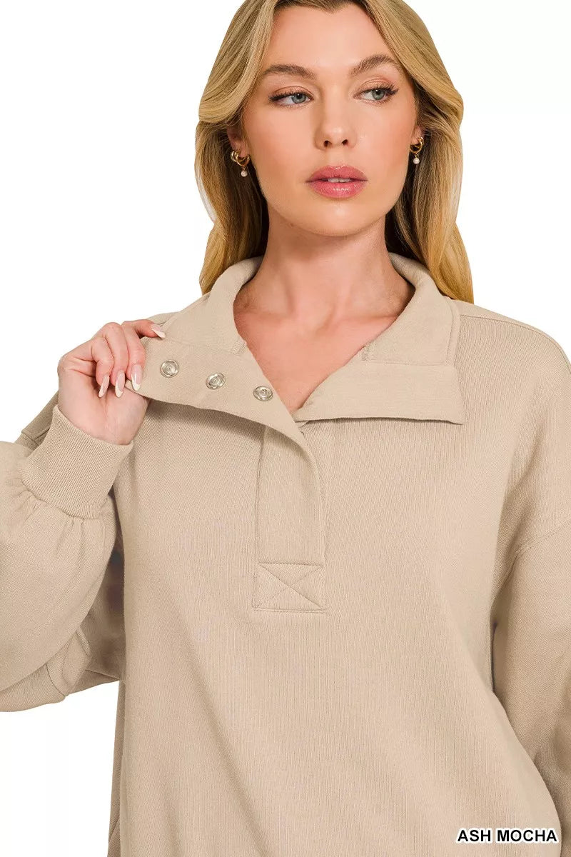Zenana Fleece Half Snap Button Sweatshirt