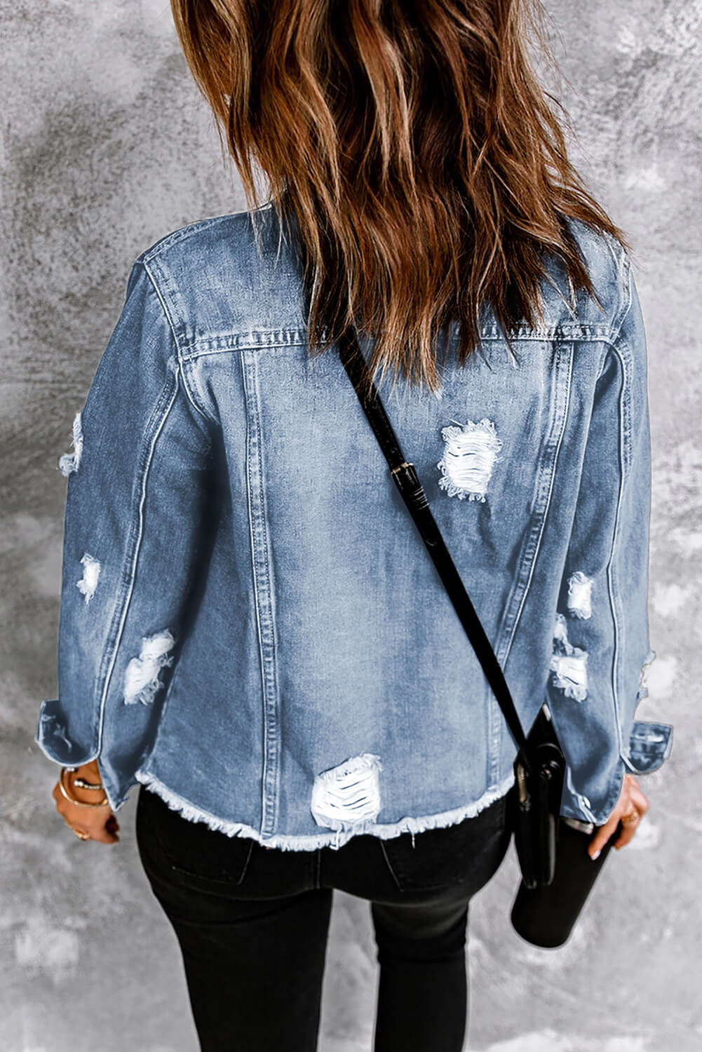 Distressed Raw Hem Buttons Denim Jacket