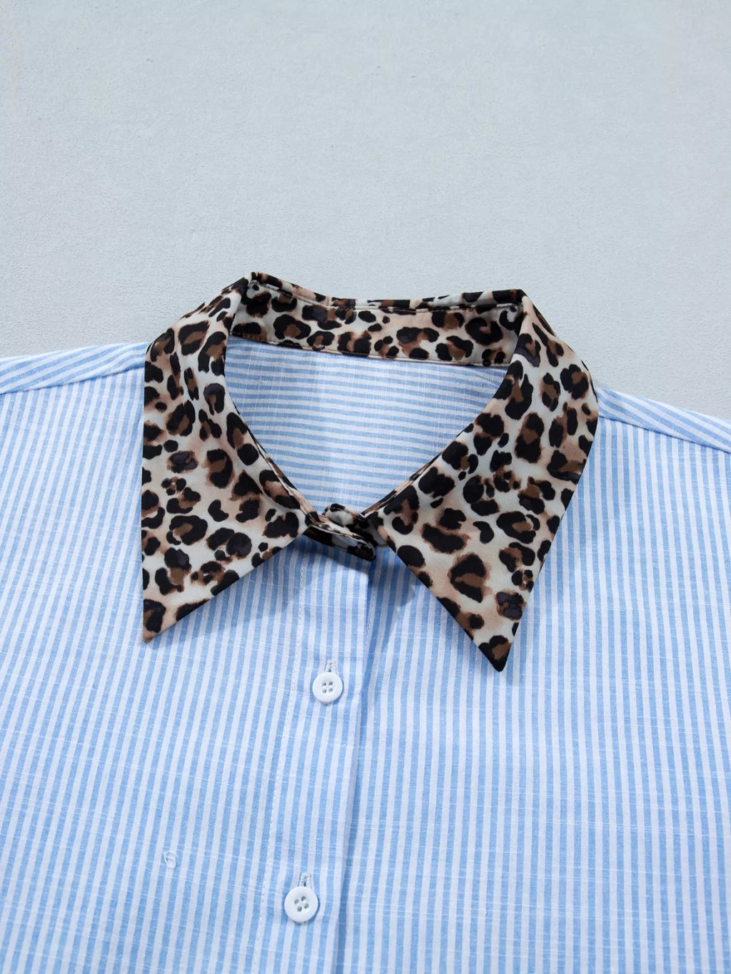Stripe Leopard Contrast Collar Short Sleeve Shirt