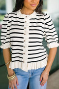 Stripe Ruffle Trim Button Down Knit Short Sleeve Sweater Cardigan