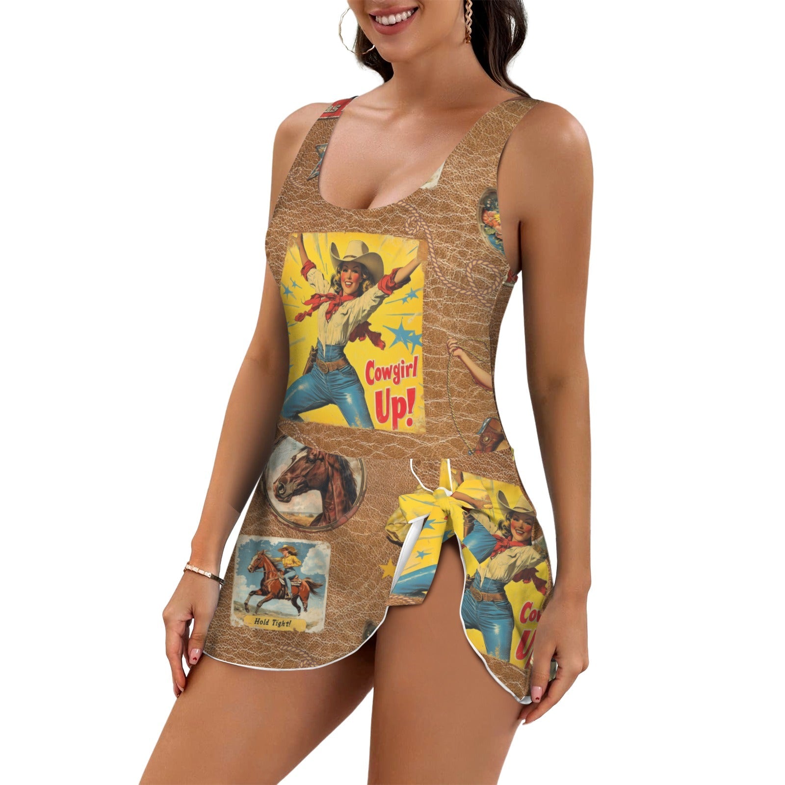 Baha Ranch Vintage Cowgirl Collage Skirted Swim Suit