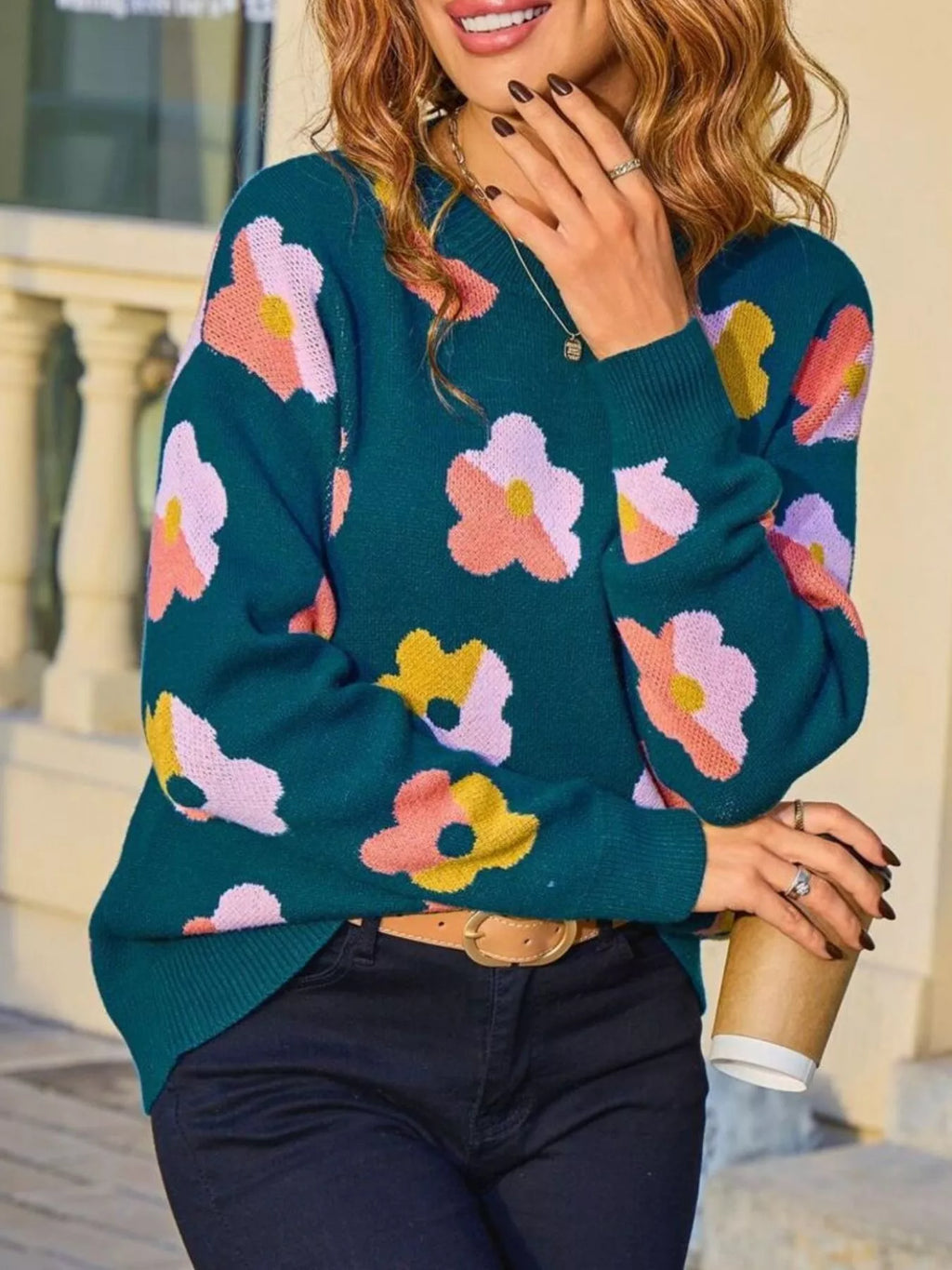 Floral Crew Neck Long Sleeve Sweater