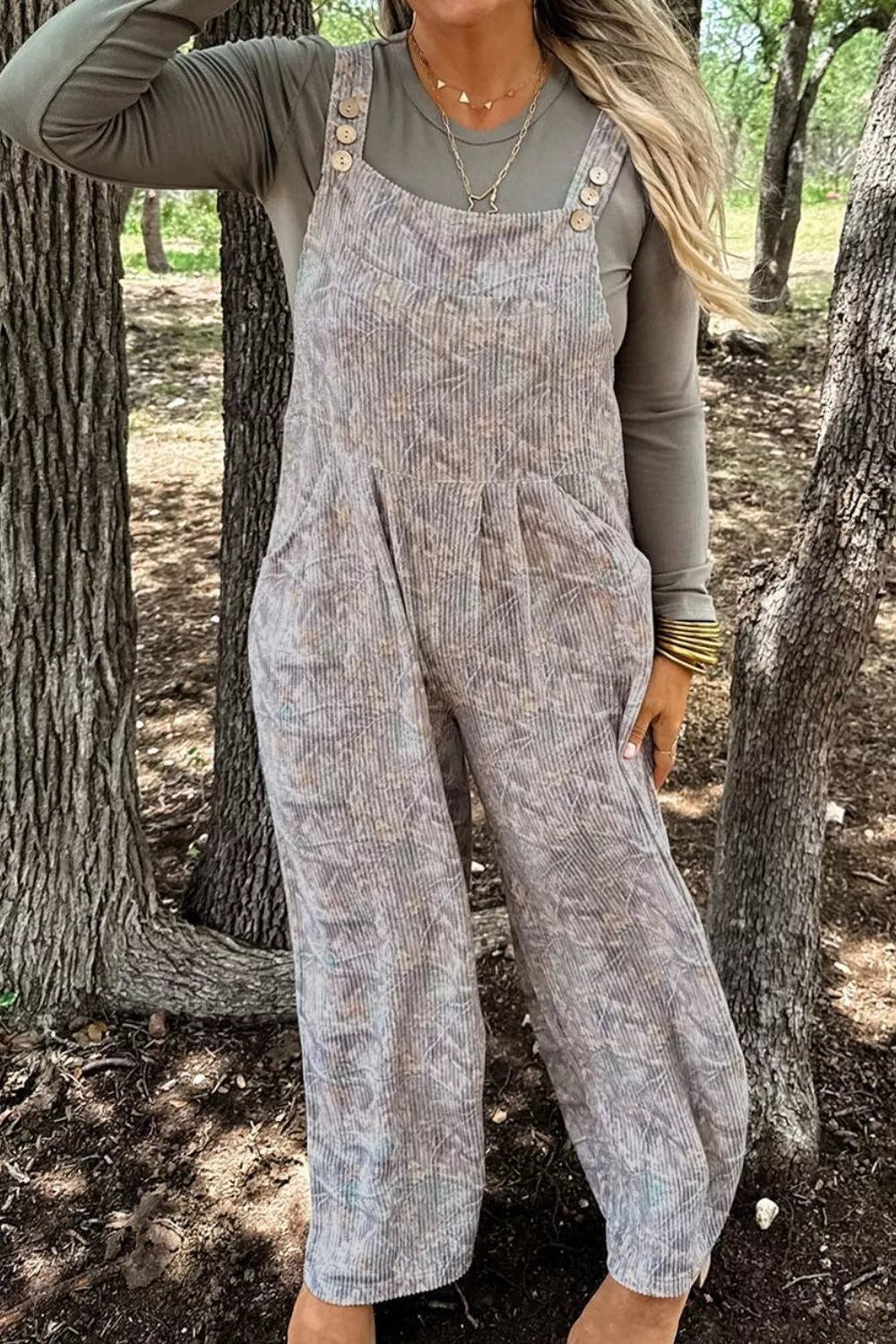 Camouflage Twist Ribbed Sleeveless Full-Length Casual Jumpsuit