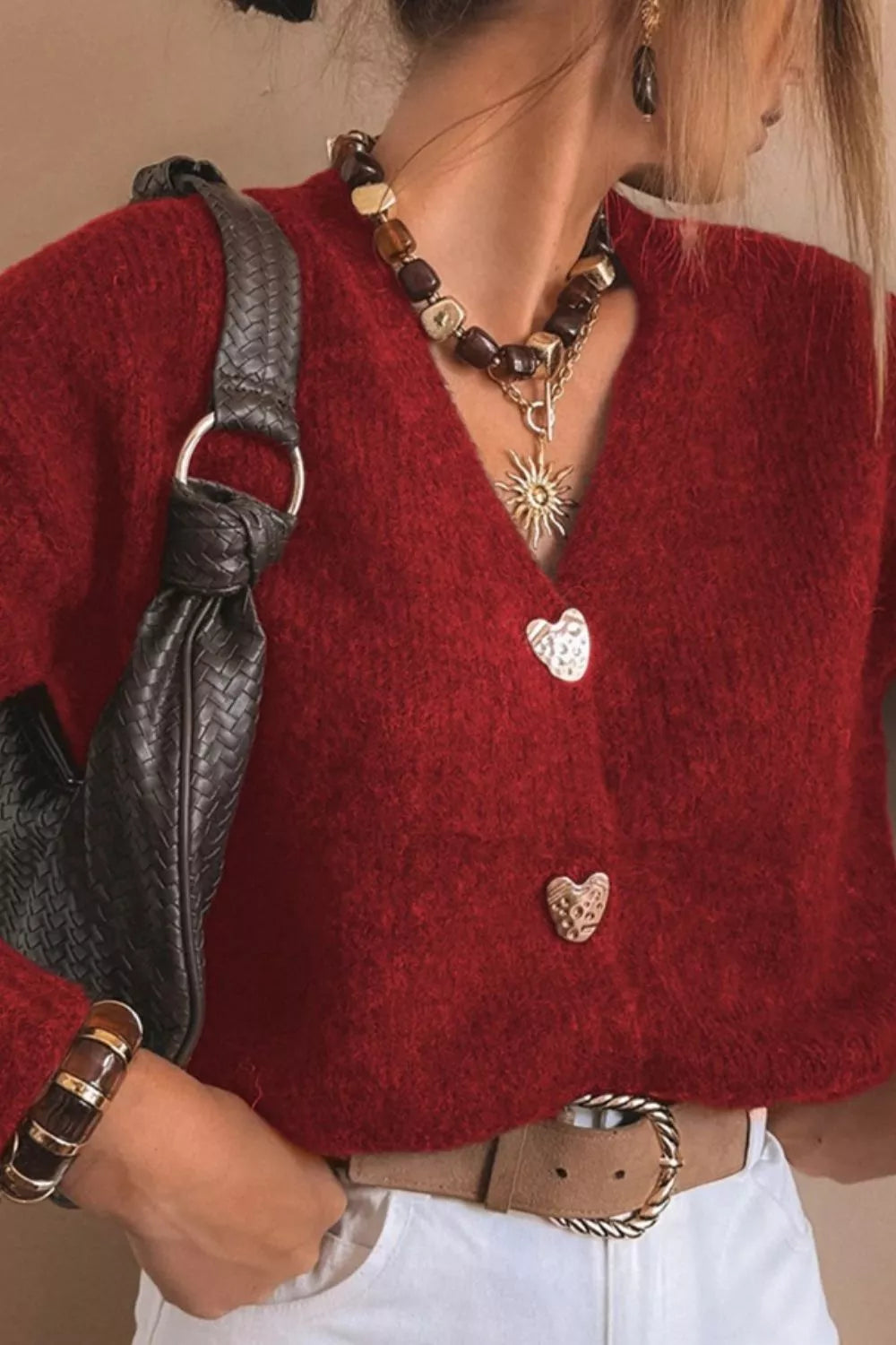 Heart Button Fuzzy Knit Cardigan