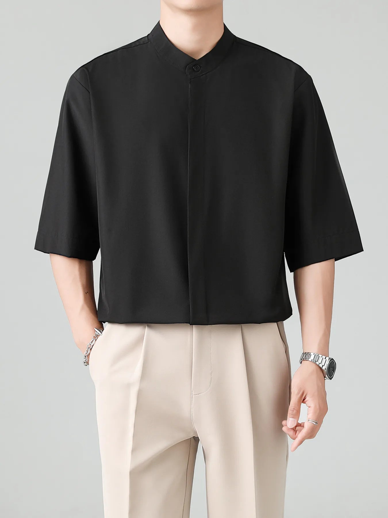 Men's Full Size Casual Mandarin Collar Half Sleeve Shirt Plus Size