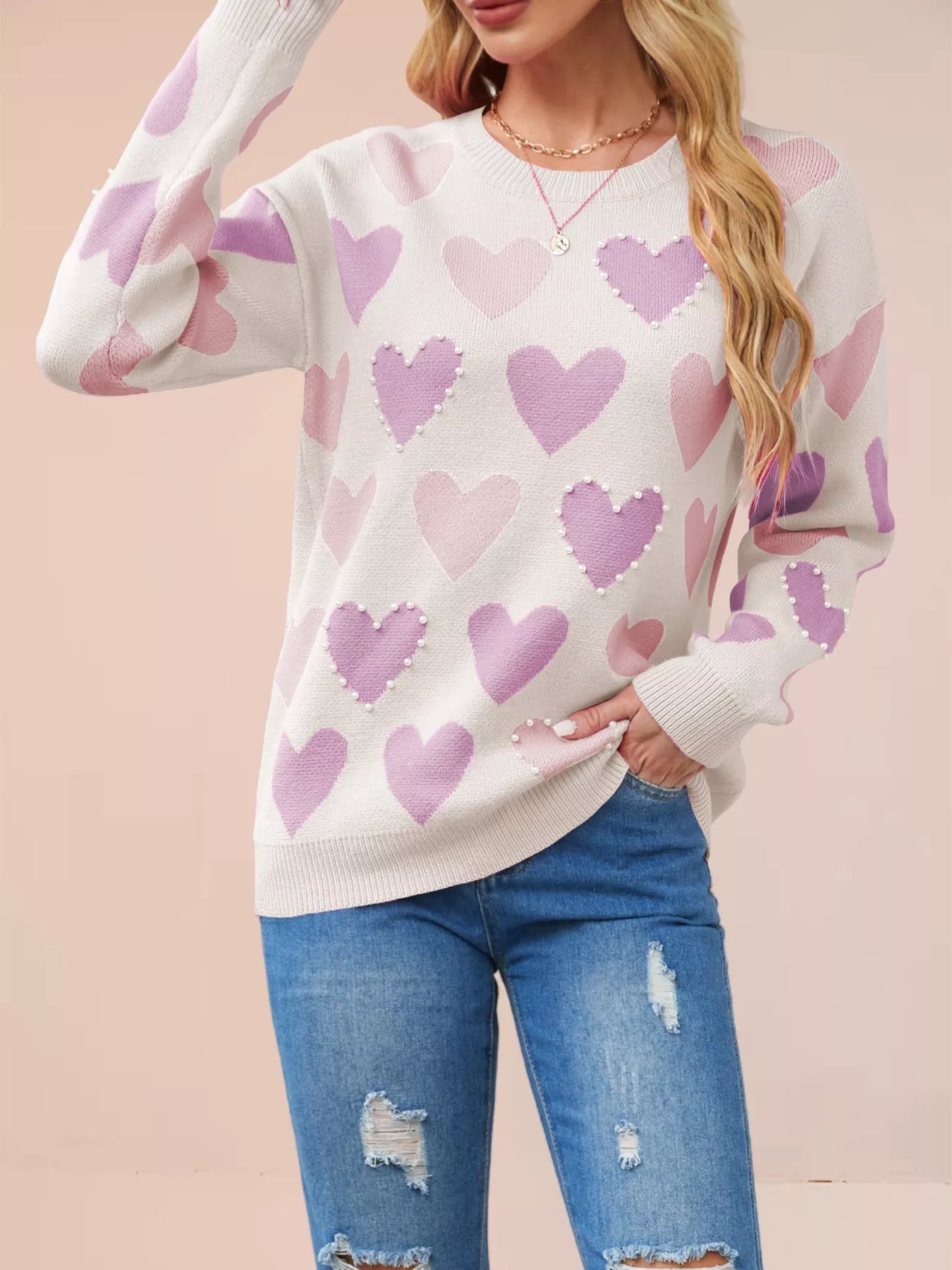 Heart Pattern Beaded Round Neck Sweater