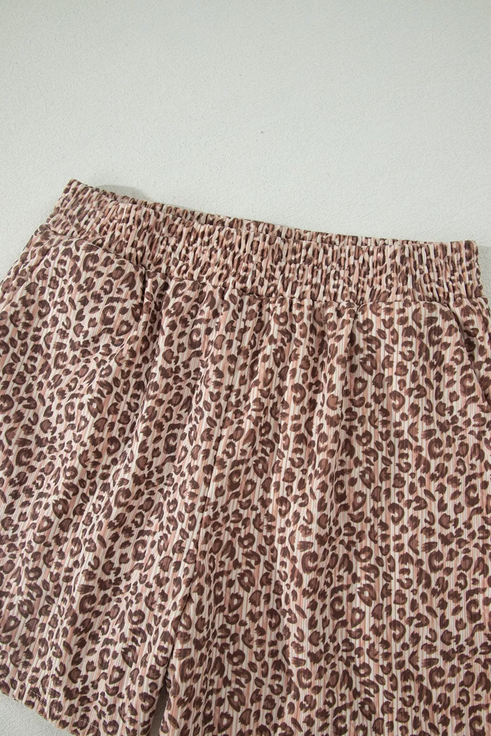 Leopard Print Ribbed Patchwork Half Button Loose Tee Elastic Waist Short 2pcs Set