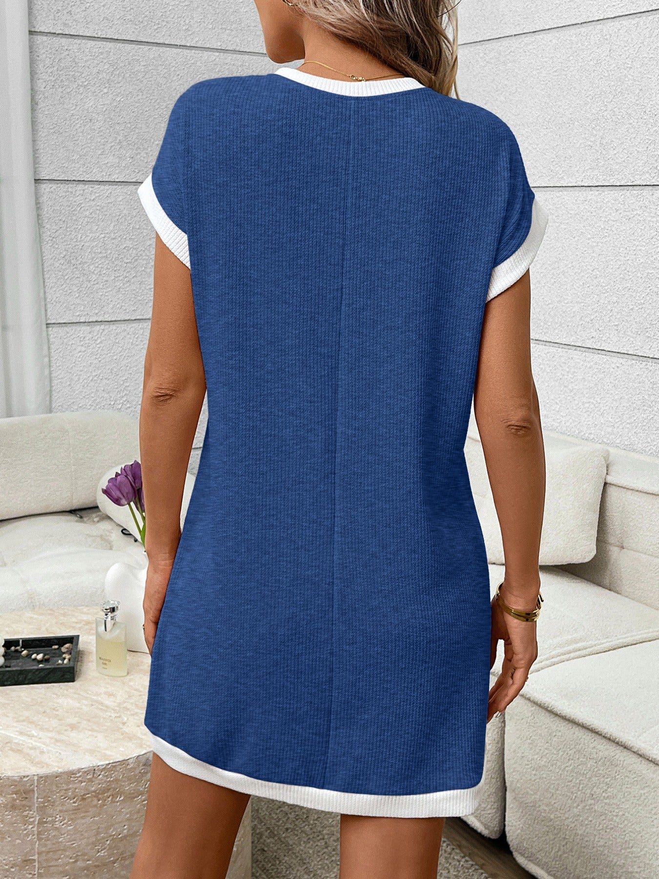 Contrast Trim Ribbed Knit Mini Dress with Pocket