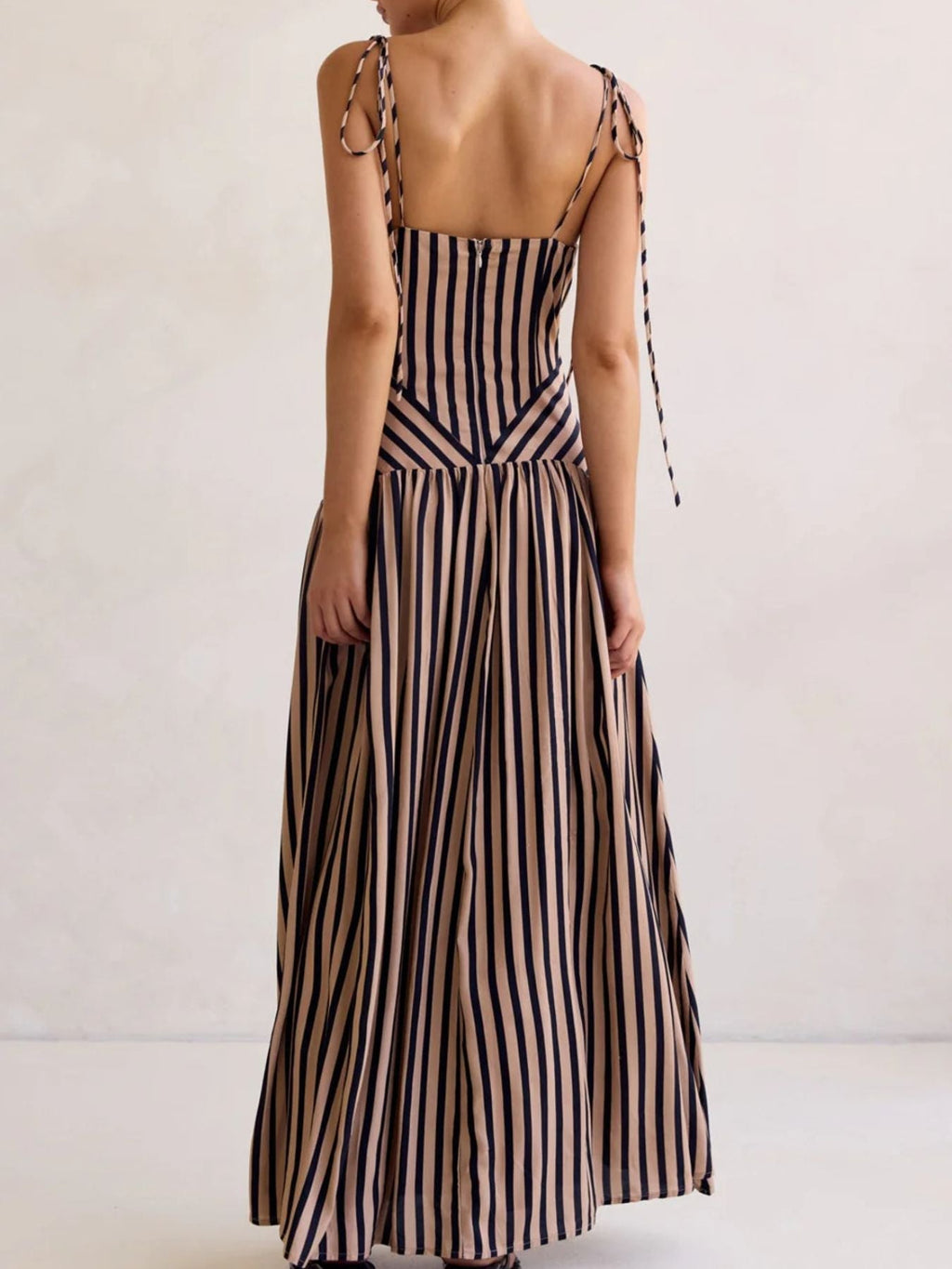 Striped V-Neck Tie-Shoulder Maxi Dress