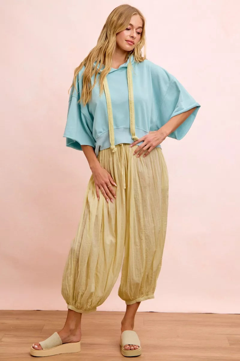 BiBi Washed Terry Short Sleeve Drawstring Hoodie Top