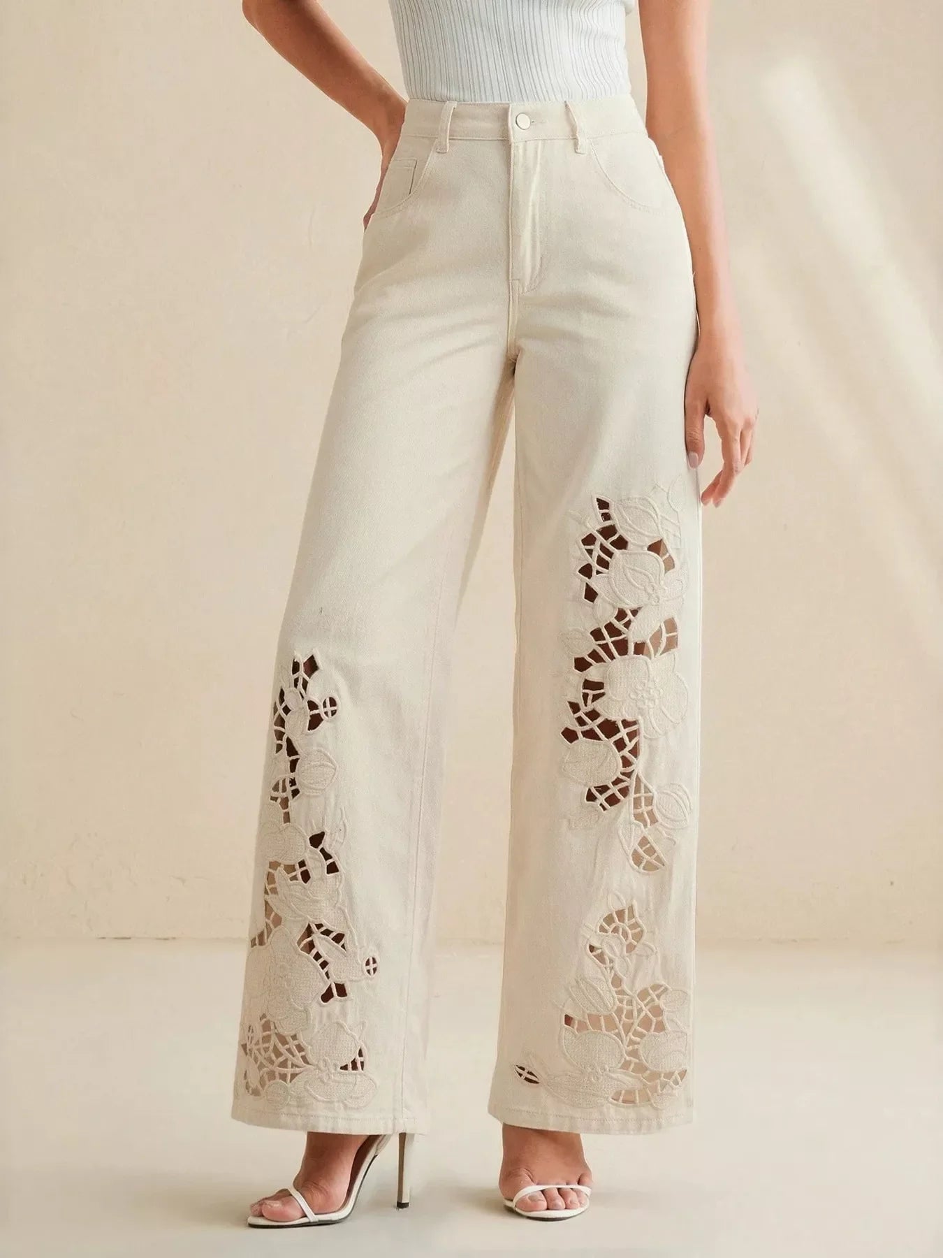 Cutout Embroidered Wide Leg Jeans