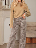 Leopard Bow Decor Split Cuff Contrast Trim Sweater