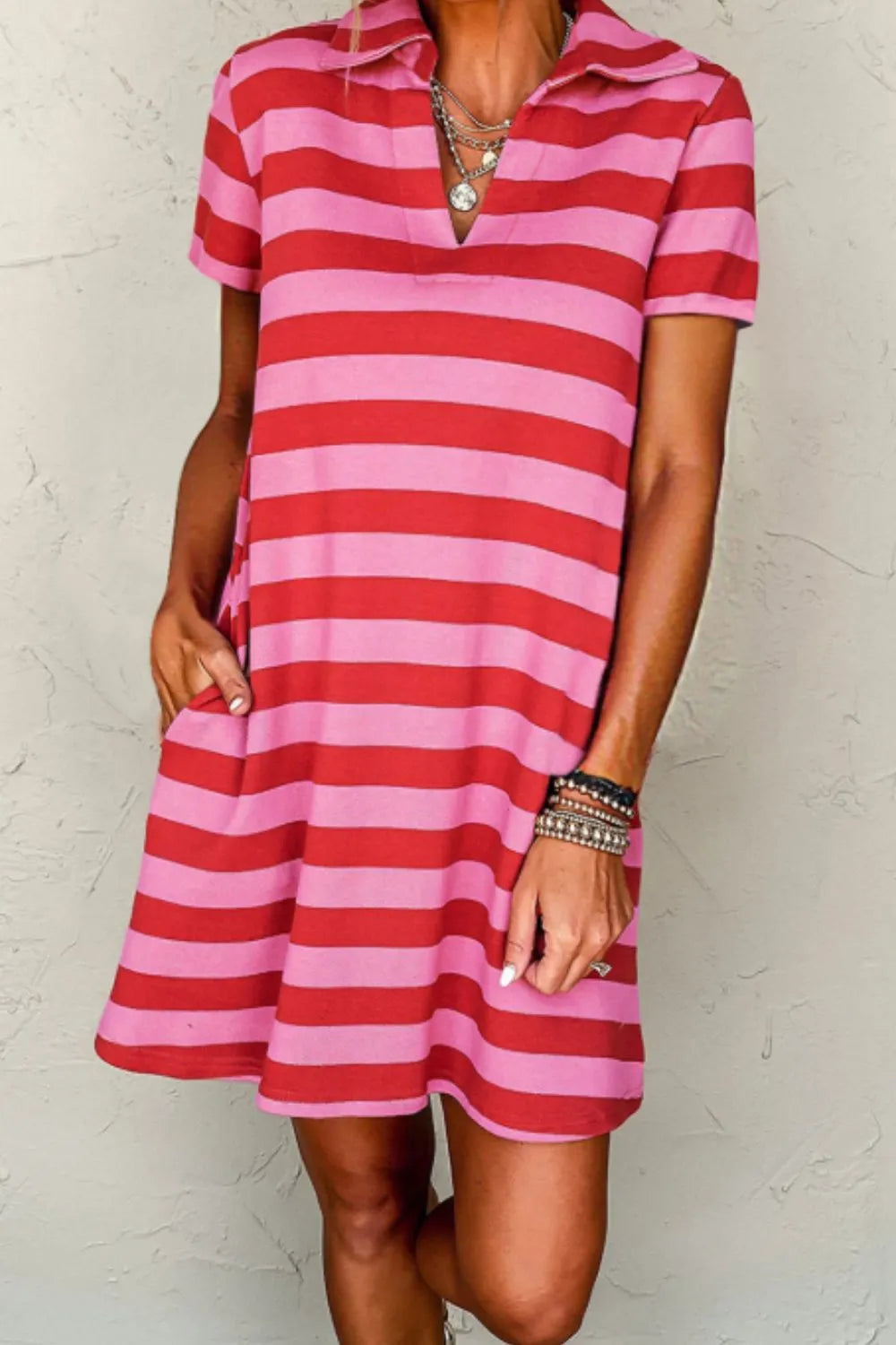 Casual Striped Polo Collar T-Shirt Dress