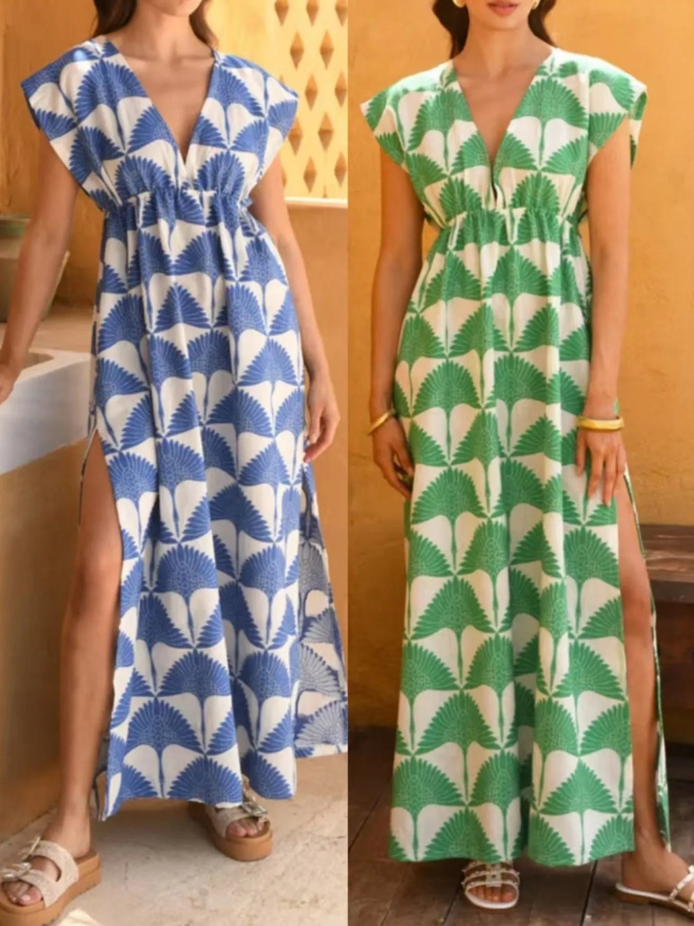 Slit Printed V-Neck Cap Sleeve Maxi Dress