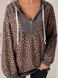 Ribbed Leopard Print Contrast Collar Zip Hoodie