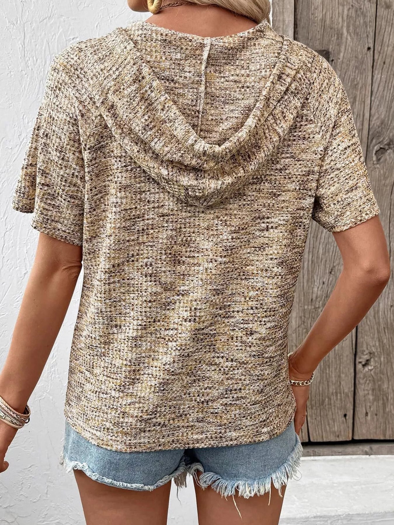 Drawstring Short Sleeve Hooded Top