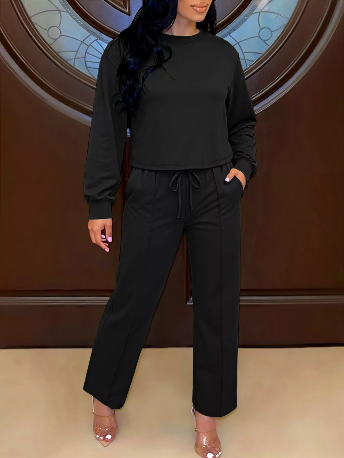Solid Color Long Sleeve Top & Wide Leg Pants Set