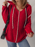 Contrast Trim Textured Knit Drawstring Hooded Sweater