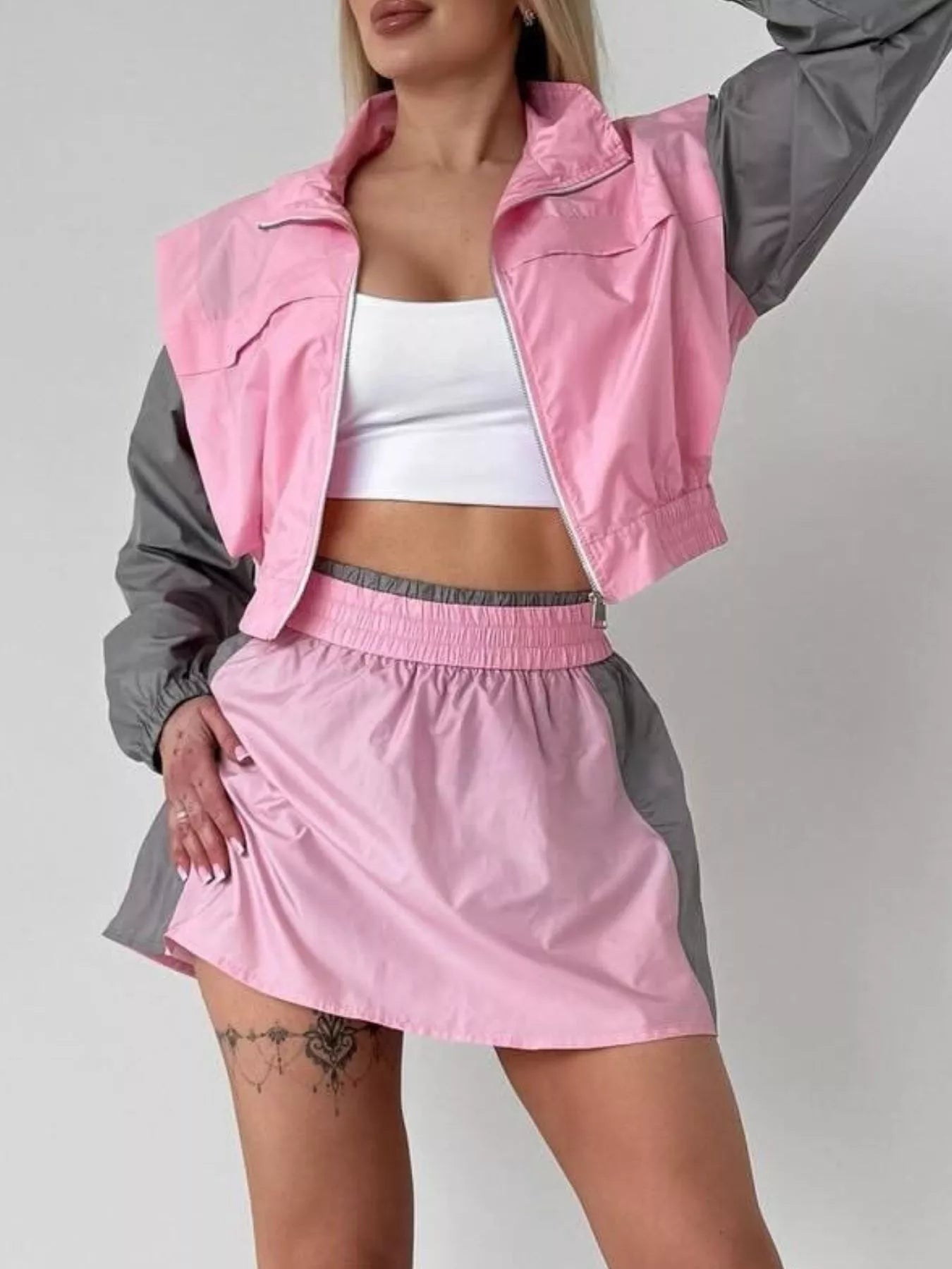 Color Block Outerwear and Skirt Set