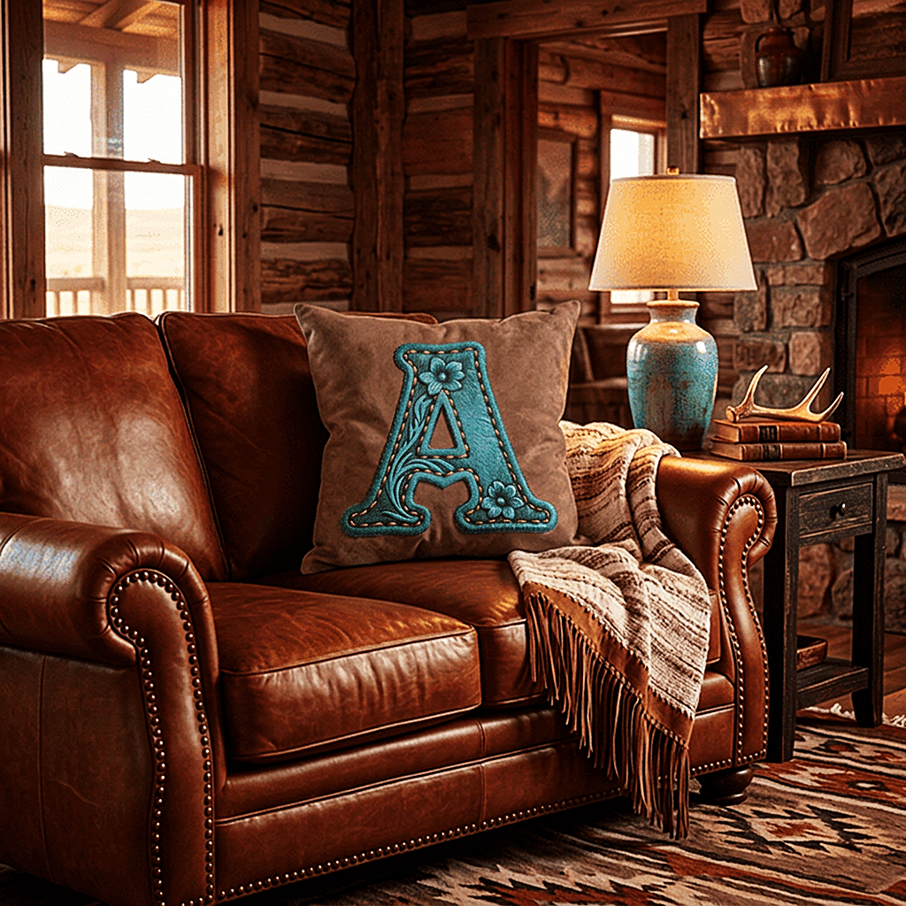 Baha Ranch Velvety Soft Western Tooled Initial Personalized Pillow Cover Made in America