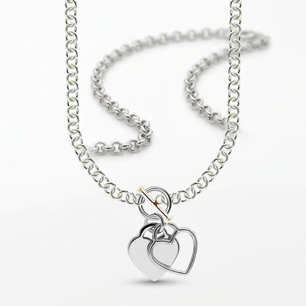 Sterling Silver Rhodium Plated Rolo Chain Necklace with a Heart Toggle Charm