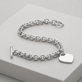 Sterling Silver Rhodium Plated Rolo Style Heart Charmed Chain Bracelet
