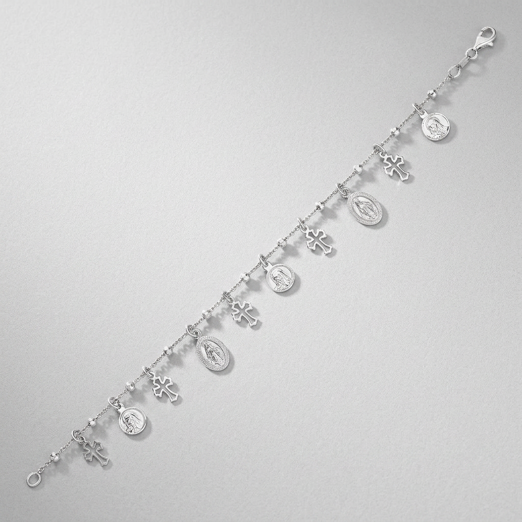 Sterling Silver 7 1/4 inch Bracelet with Crosses and Religious Medal Charms