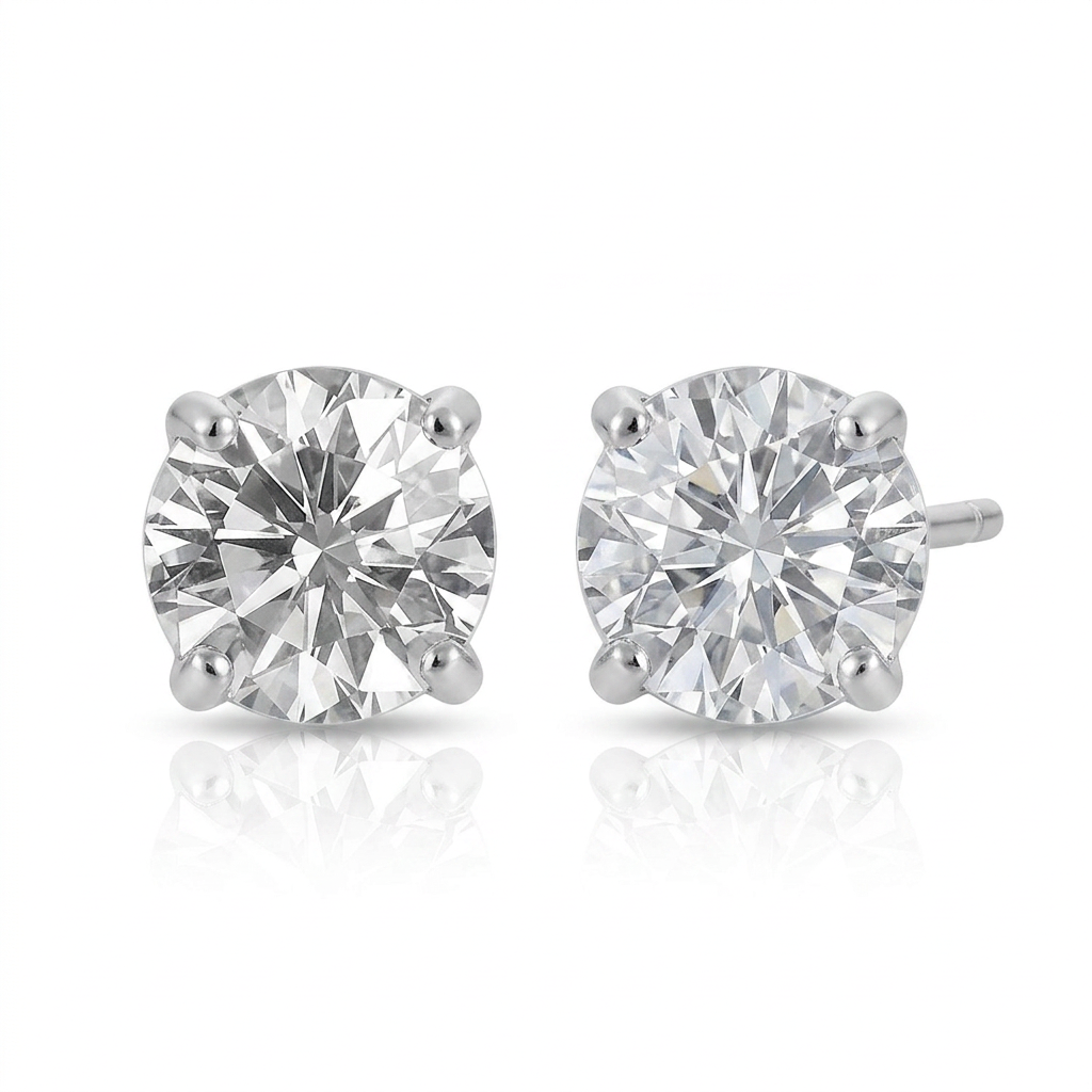 14k White Gold Stud Earrings with White Hue Faceted Cubic Zirconia