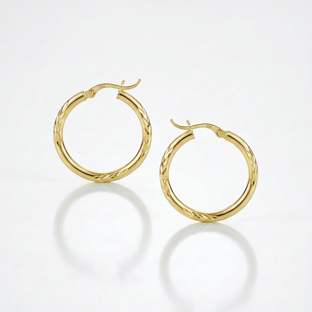 10k Yellow Gold Diamond Cut Hoop Earrings (15mm)