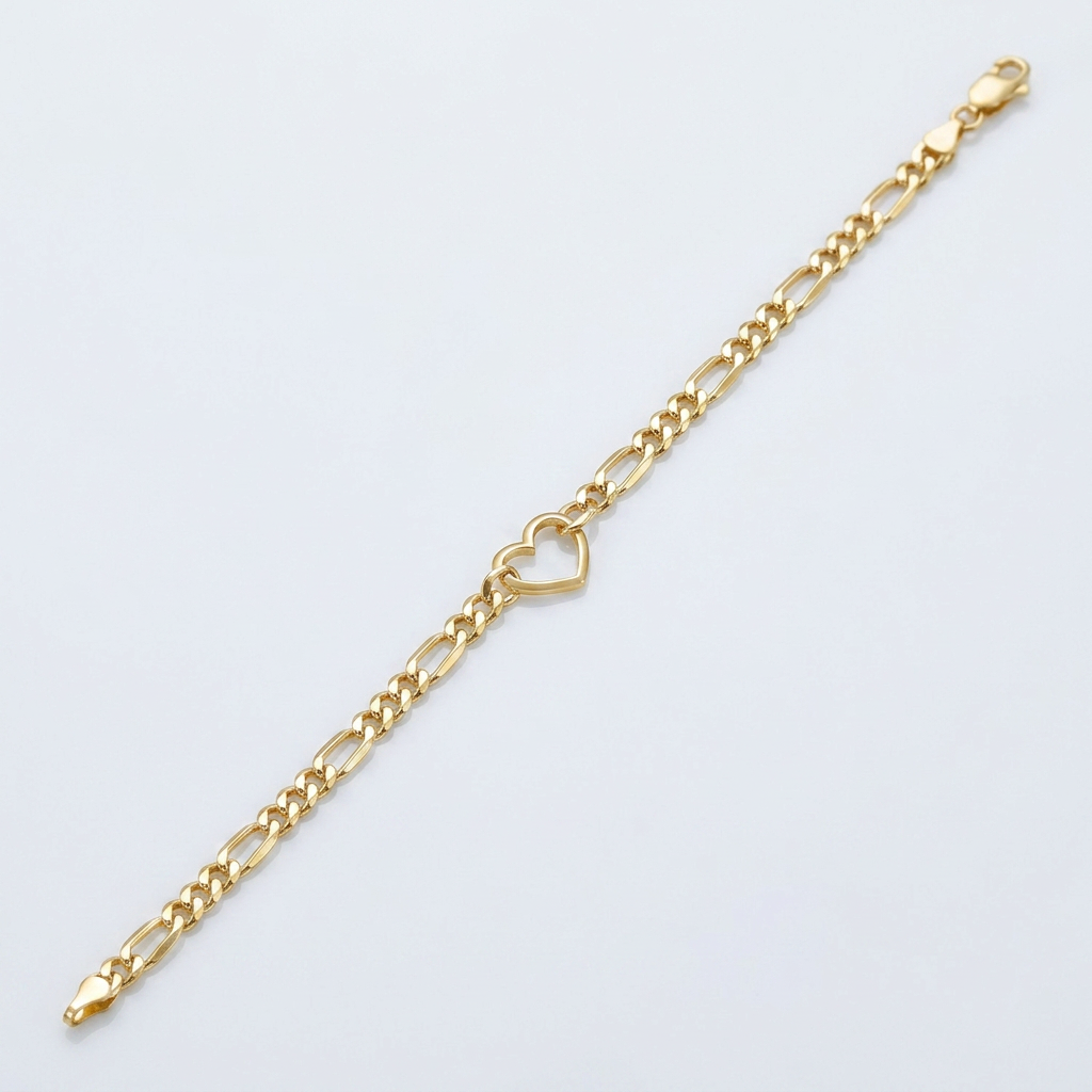 14k Yellow Gold 7 inch Figaro Chain Bracelet with Heart