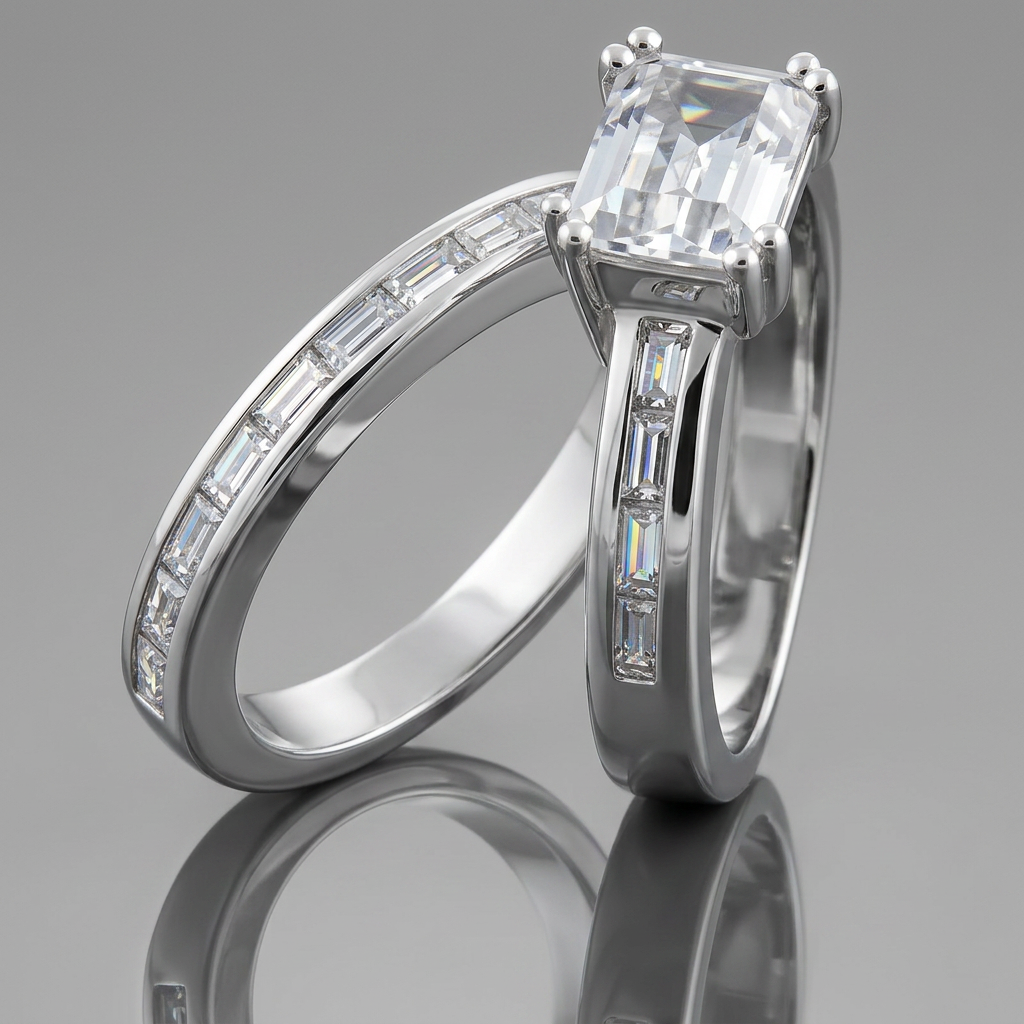 Avera Princess Baguette Wedding Set in Sterling Silver