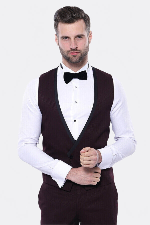 Detachable Velvet Lapel Burgundy Tuxedo - Wessi
